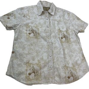 Bit & Bridle Ladies L White/Tan Horse Print Western Shirt Pearl Snaps